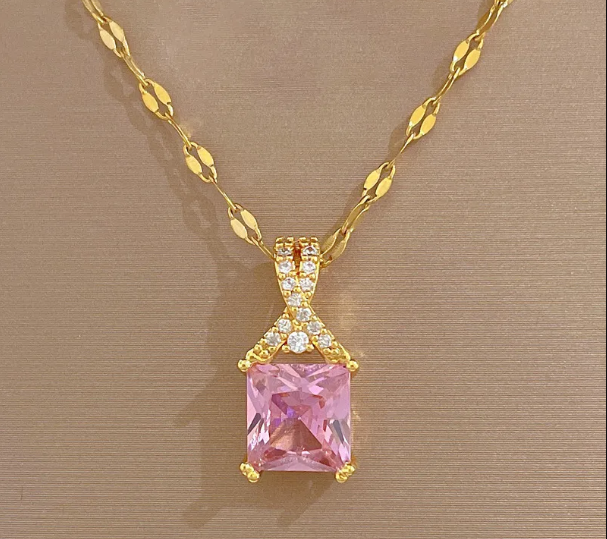Gold Toned Stylish Simple Dainty Pink Zircon Solitaire Pendant Necklace