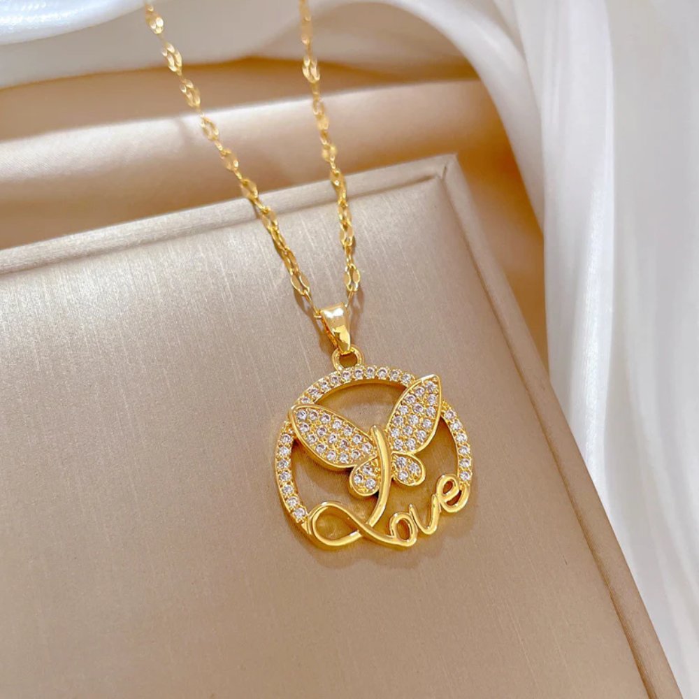 Wholesale Simple Style Butterfly Titanium Steel Copper Plating Inlay Zircon Pendant Necklace