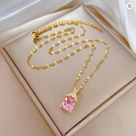 Gold Toned Stylish Simple Dainty Pink Zircon Solitaire Pendant Necklace