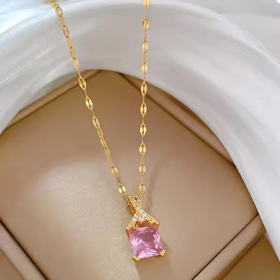 Gold Toned Stylish Simple Dainty Pink Zircon Solitaire Pendant Necklace