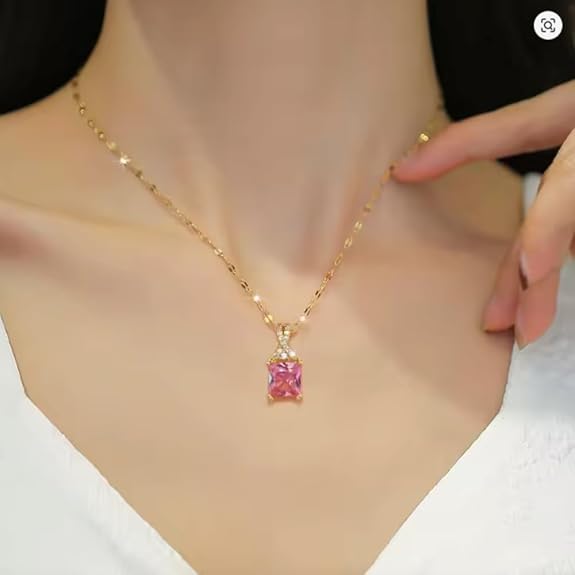 Gold Toned Stylish Simple Dainty Pink Zircon Solitaire Pendant Necklace