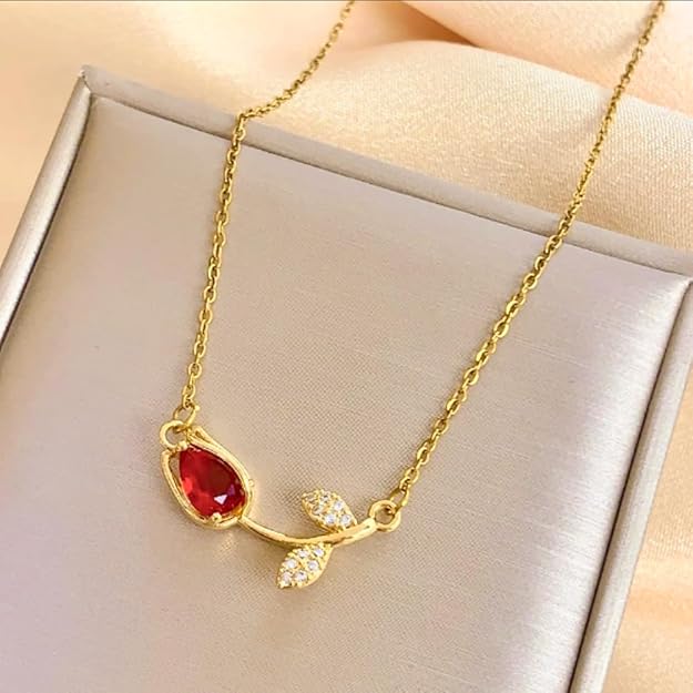 Gold Toned Stylish Simple Zircon Tulip Pendant Necklace