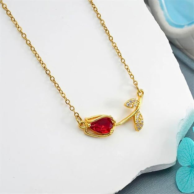 Gold Toned Stylish Simple Zircon Tulip Pendant Necklace