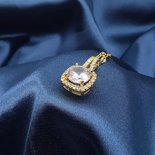 Gold Plated Stylish Zircon Solitaire Pendant Necklace Chain For Women and Girls