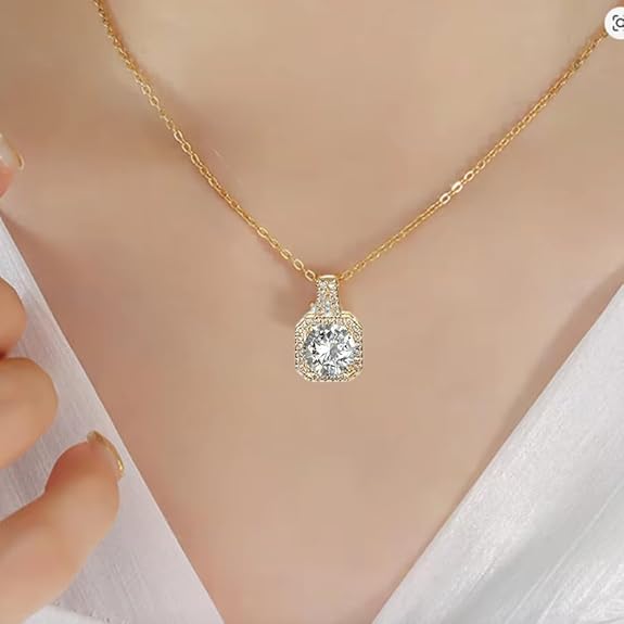 Gold Plated Stylish Zircon Solitaire Pendant Necklace Chain For Women and Girls