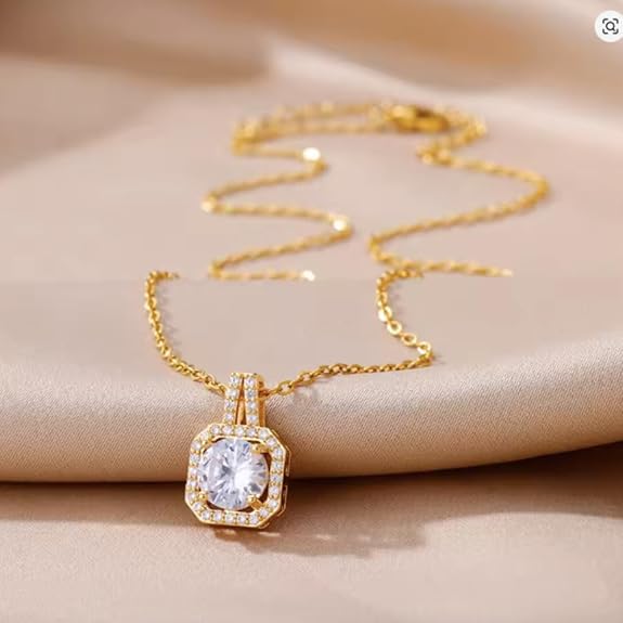 Gold Plated Stylish Zircon Solitaire Pendant Necklace Chain For Women and Girls
