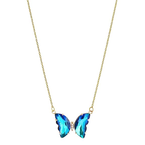 Gold Plated Stainless Steel Love Charm Glass Crystal Blue Butterfly Pendant Necklace Chain