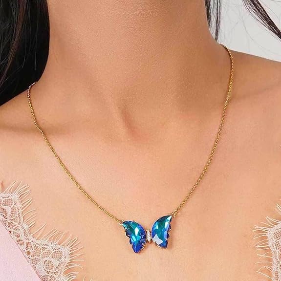 Gold Plated Stainless Steel Love Charm Glass Crystal Blue Butterfly Pendant Necklace Chain