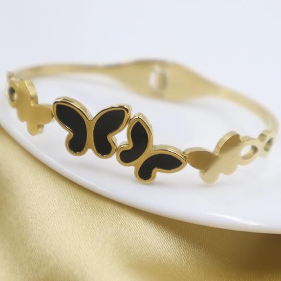  Anti-Tarnish 18K Gold Plated Stainless Steel Free Size Butterfly Cuff Bracelet Kada for Women & Girls 