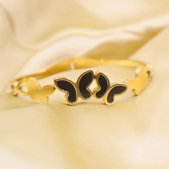  Anti-Tarnish 18K Gold Plated Stainless Steel Free Size Butterfly Cuff Bracelet Kada for Women & Girls 