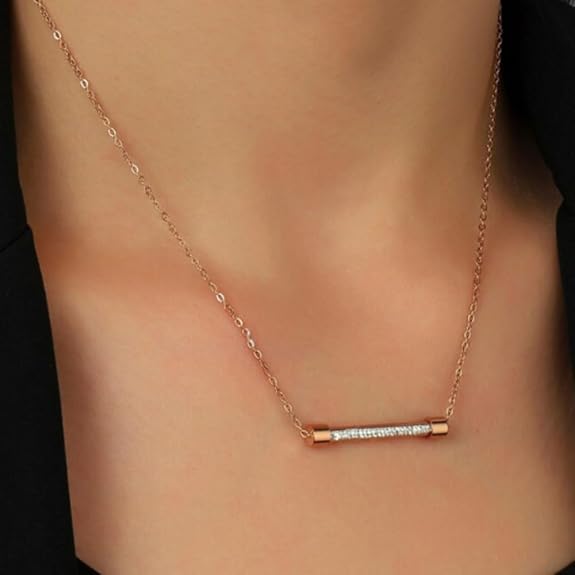 18K Rose Gold Plated Zirconia Studded Stainless Steel Pendant Necklace for Women & Girls