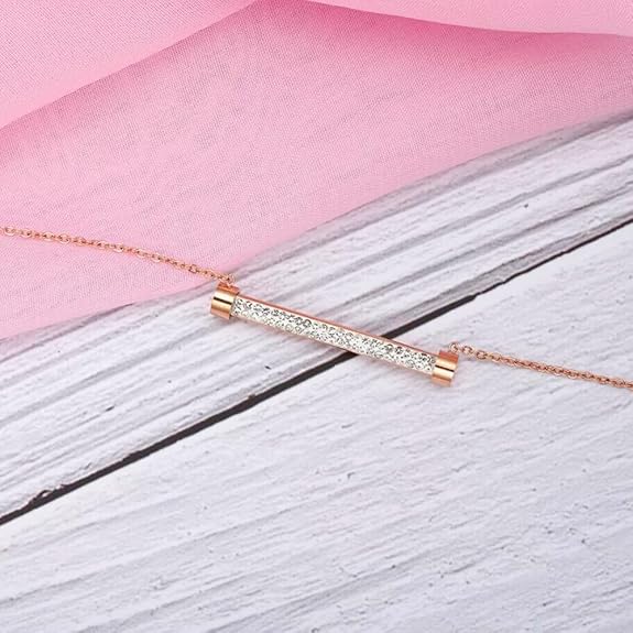 18K Rose Gold Plated Zirconia Studded Stainless Steel Pendant Necklace for Women & Girls