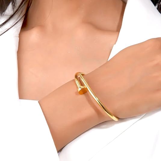 18K Gold Plated Anti-Tarnish Stainless Steel Trendy Nail Cuff Bracelet For Women
