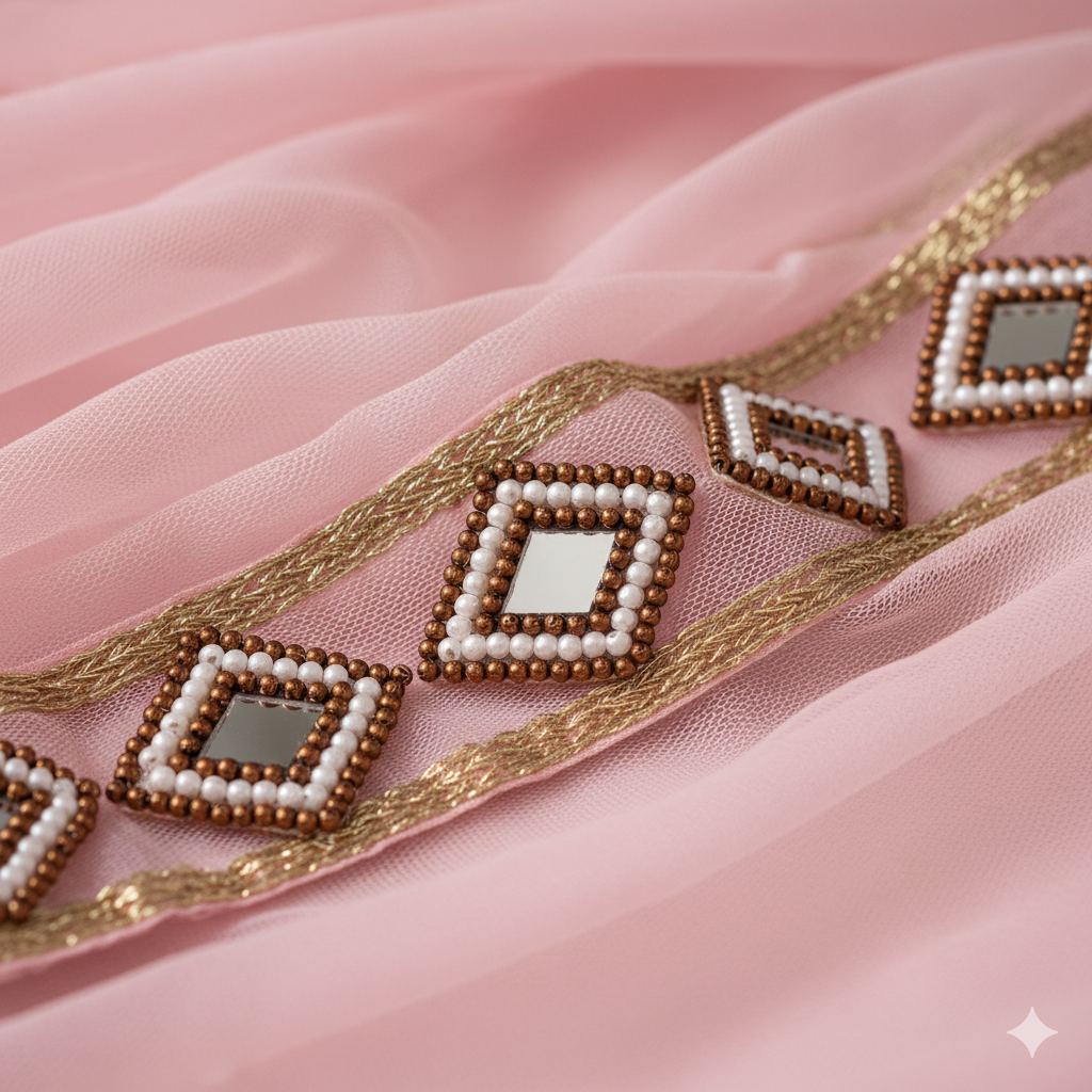 Aari Zardozi Work Applique Patch Motif Booti Buti Neck Sew Jewelry Making Rakhi Art Craft with Brown & Off-White Beads, Glass Mirror – 4x3 cm, for Saree, Blouse, Lehenga, Dupatta, Dress Designing & Craft Decoration