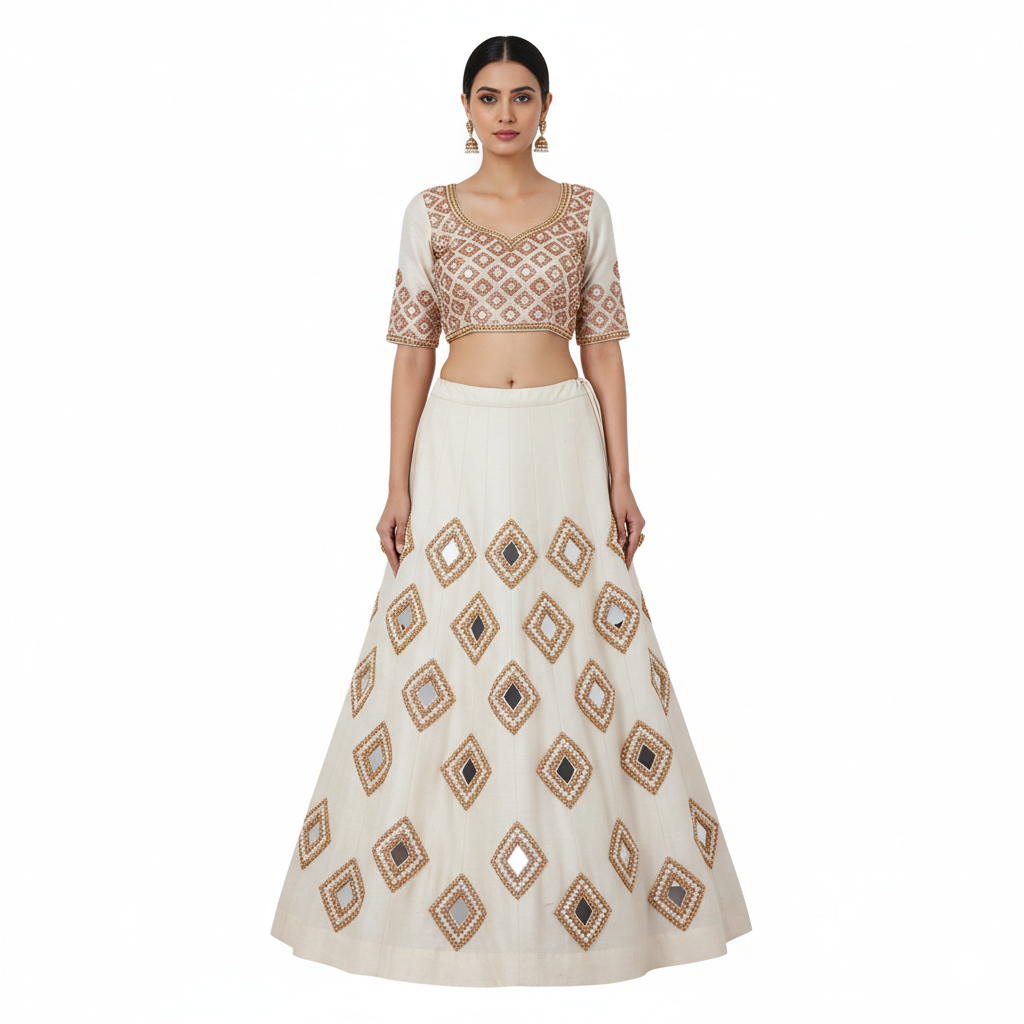 Aari Zardozi Hand Embroidered Applique Patch Motif Booti Buti for Neck Sew, Jewelry Making, Rakhi & Craft Work with Golden & Off-White Beads & Glass Mirror | Saree Blouse Lehenga Dupatta Dress Decoration | Size 4x3 cm