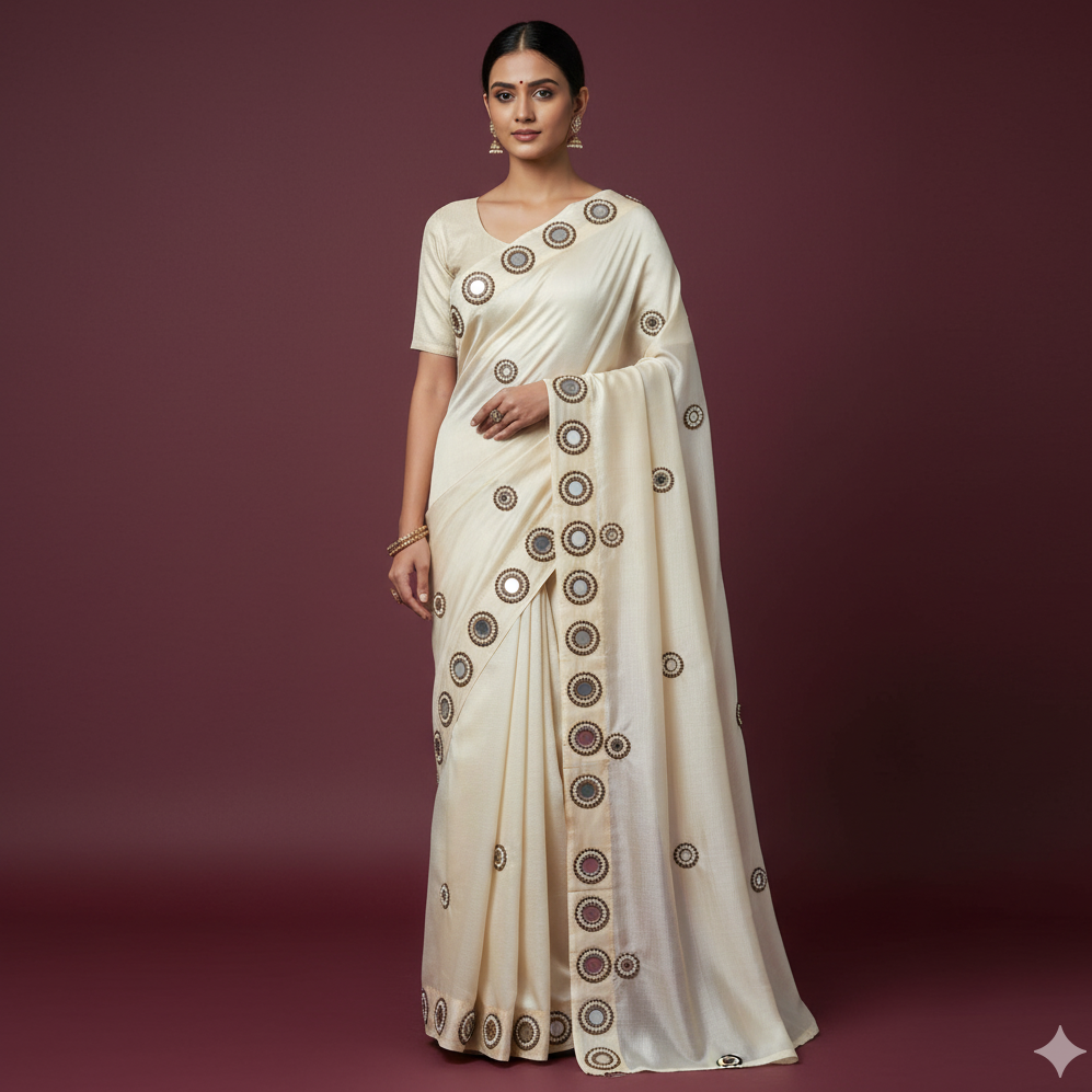 Hand Embroidered Aari Work Applique Patch Motif Butti Buti Booti - Round Brown & Off-White Beads with Glass Mirror Center (2.8 cm) - Perfect for Lehenga, Saree Blouse, Dupatta, Dress Designing, Rakhi, Jewellery, Art & Craft