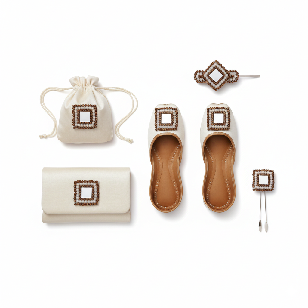 Square Mirror Zardozi Aari Hand Embroidery Applique Patch 2.5cm | Brown & White Beads Work for Bridal Lehenga Blouse Saree Dupatta sew DIY Rakkhi Jwelry Making Dress Designing art Craft