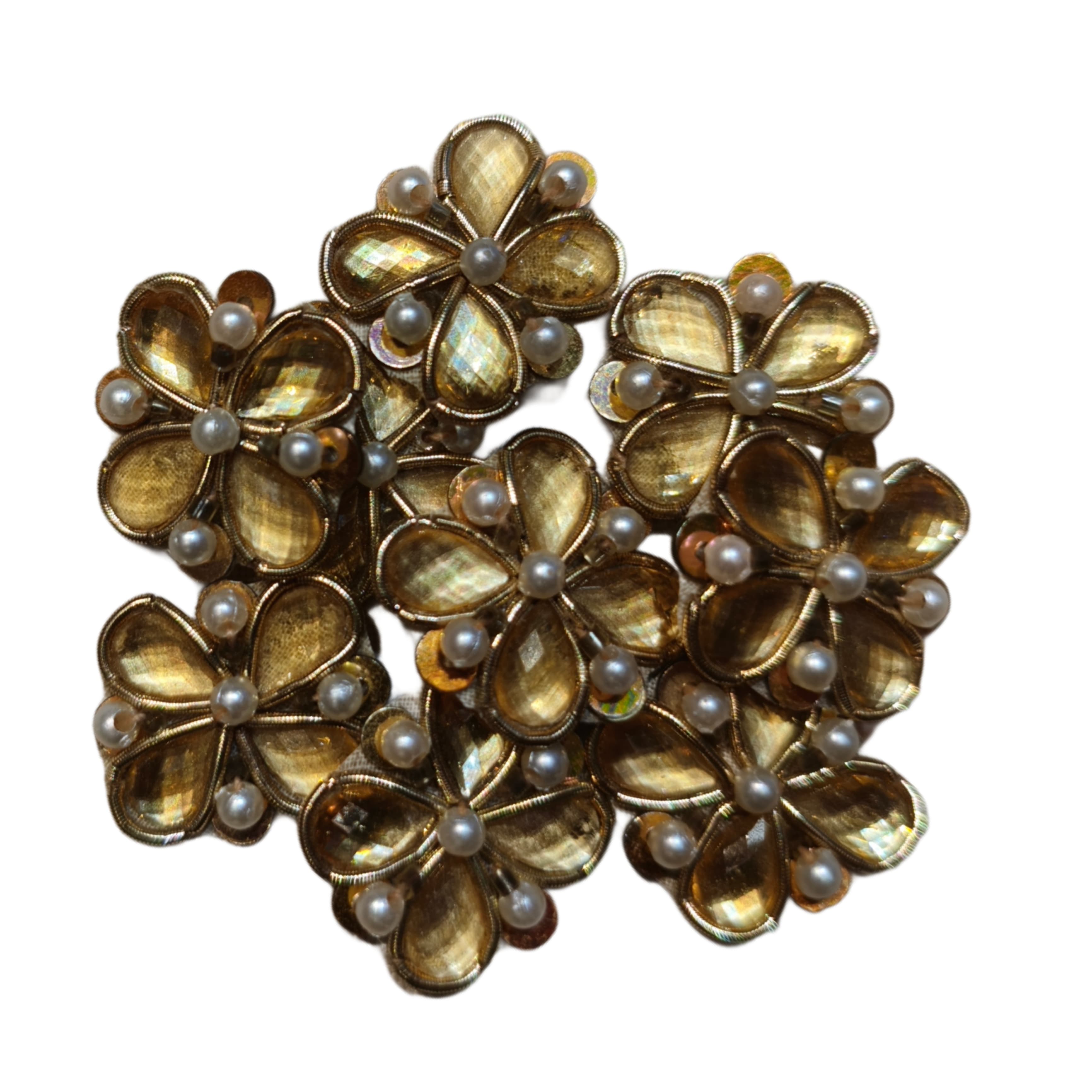 Hand Embroidery Zardozi Applique Patch | 2x2 cm | Golden Dapka, Off White Beads, Golden Betel Stone, Deep Gold Sequence | Dress & Craft Decoration