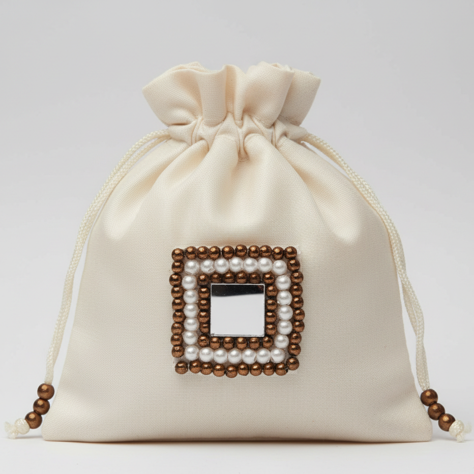 Square Mirror Zardozi Aari Hand Embroidery Applique Patch 2.5cm | Brown & White Beads Work for Bridal Lehenga Blouse Saree Dupatta sew DIY Rakkhi Jwelry Making Dress Designing art Craft