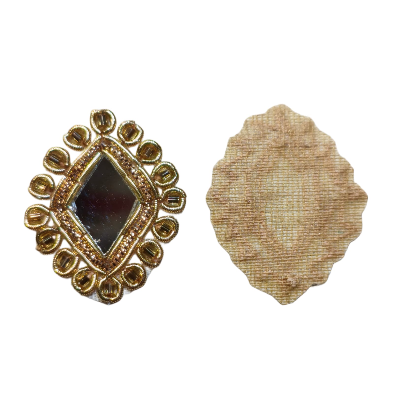 Hand Embroidery Zardozi Applique Patch | Size 28x25 mm | Diamond Shape Mirror, Golden Nakshi, Mango Gold Dapka & Golden Glass Beads | Decorative Sewing Craft Supply