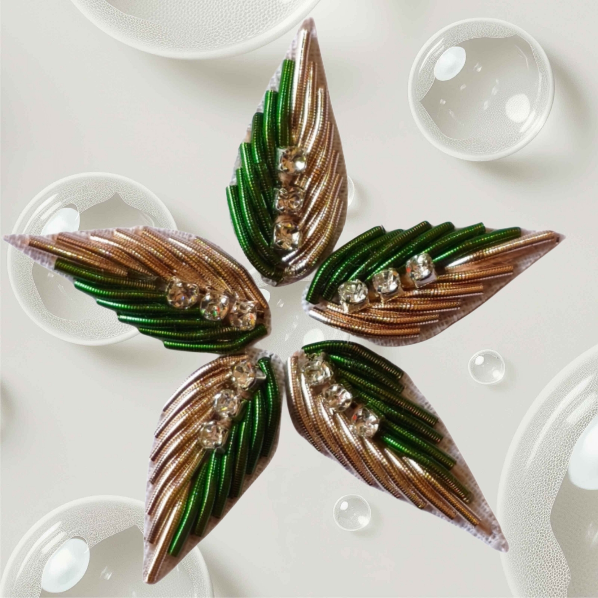 Hand Embroidery Zardozi Appliqué Patch – Golden Green, 2cm x 1cm, Dapka & Glass Stone Work