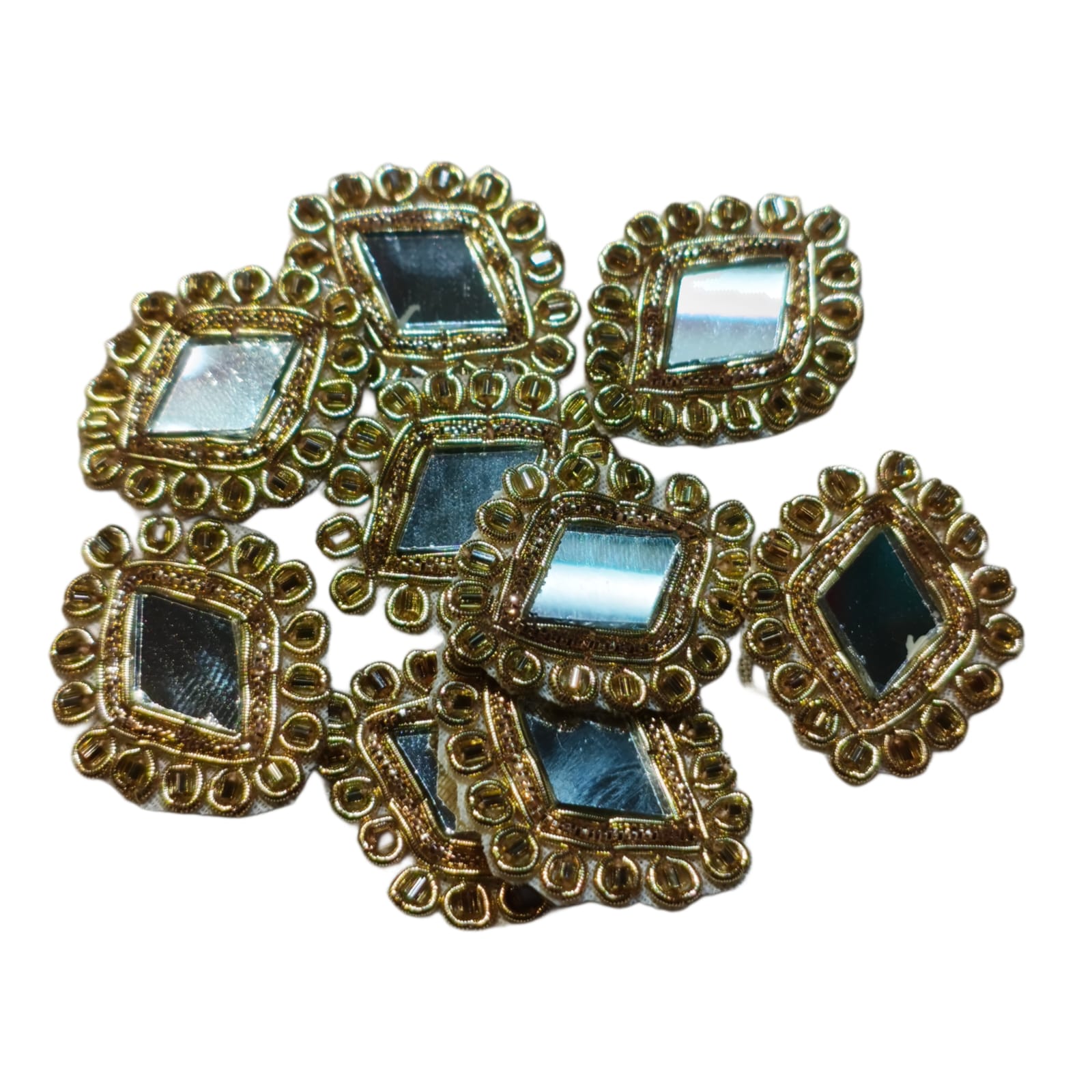 Hand Embroidery Zardozi Applique Patch | Size 28x25 mm | Diamond Shape Mirror, Golden Nakshi, Mango Gold Dapka & Golden Glass Beads | Decorative Sewing Craft Supply