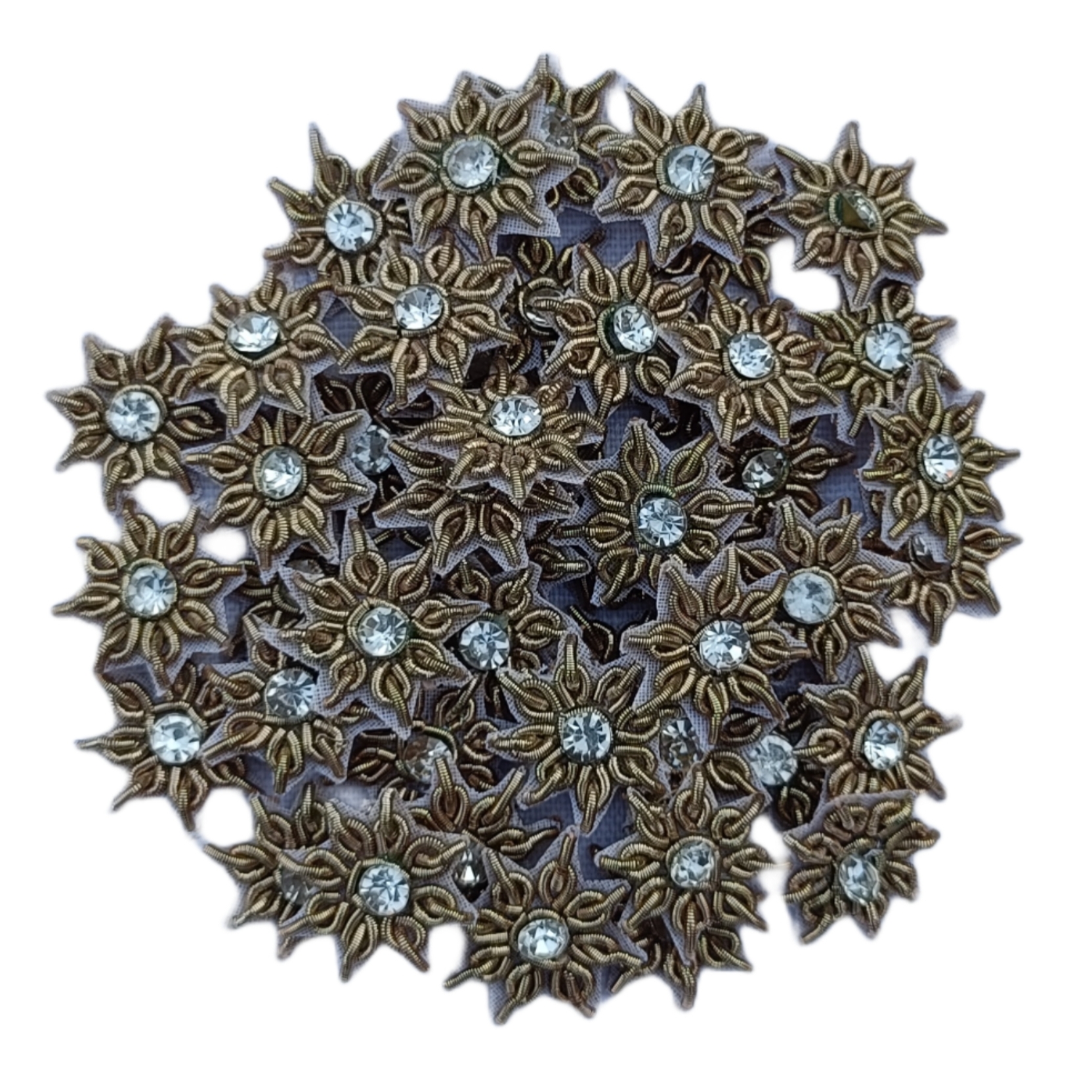 Hand Embroidery Zardosi Applique Patch – Round Shape, 18x18mm, Antique Gold Dapka with Clear Glass Jarkan