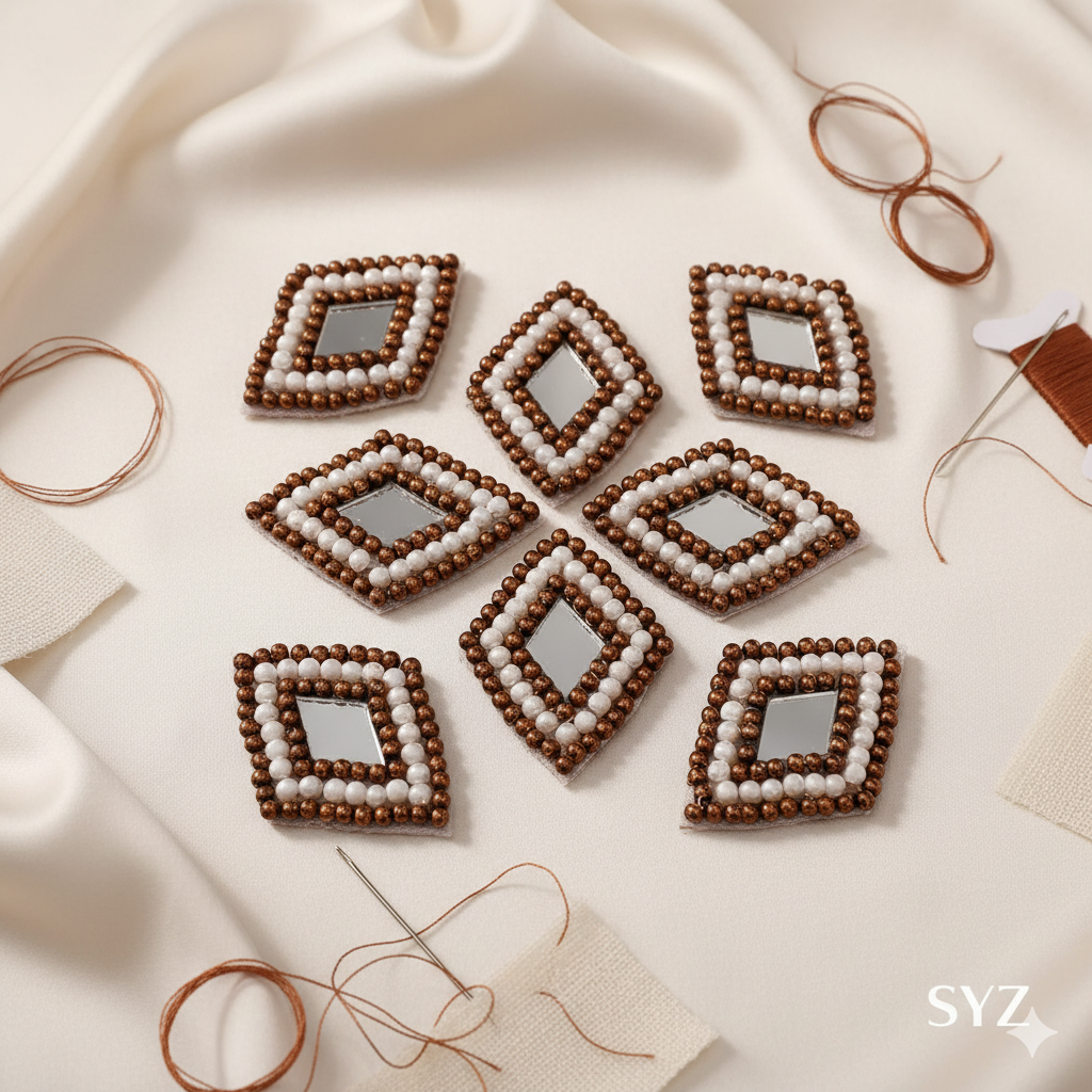 Aari Zardozi Work Applique Patch Motif Booti Buti Neck Sew Jewelry Making Rakhi Art Craft with Brown & Off-White Beads, Glass Mirror – 4x3 cm, for Saree, Blouse, Lehenga, Dupatta, Dress Designing & Craft Decoration
