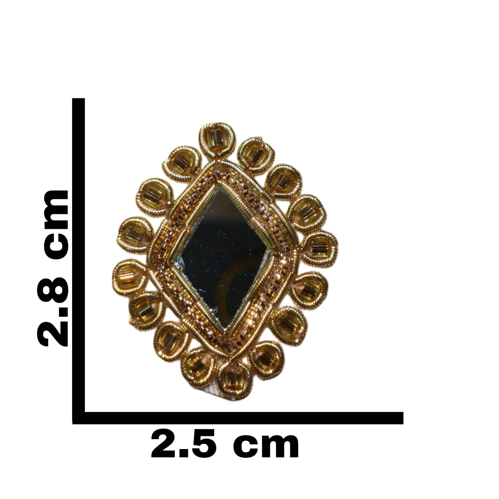 Hand Embroidery Zardozi Applique Patch | Size 28x25 mm | Diamond Shape Mirror, Golden Nakshi, Mango Gold Dapka & Golden Glass Beads | Decorative Sewing Craft Supply