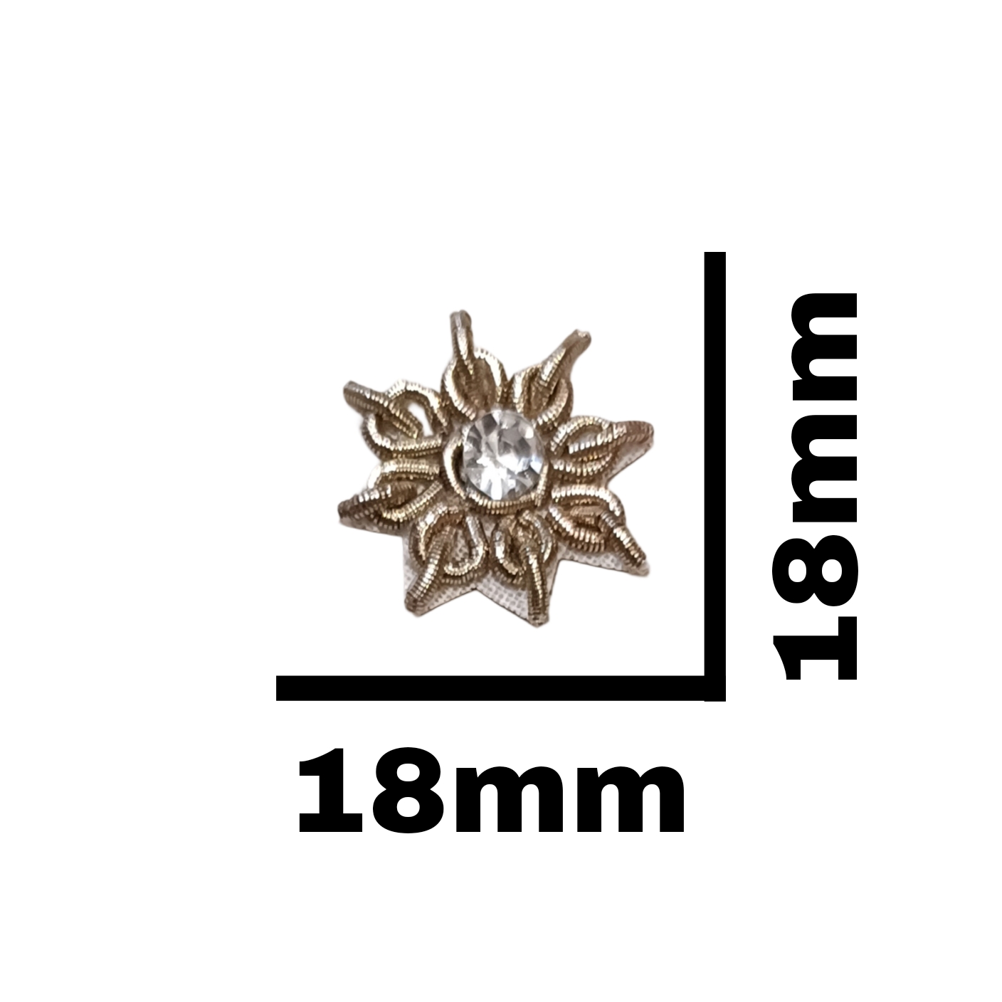 Hand Embroidery Zardosi Applique Patch – Round Shape, 18x18mm, Antique Gold Dapka with Clear Glass Jarkan