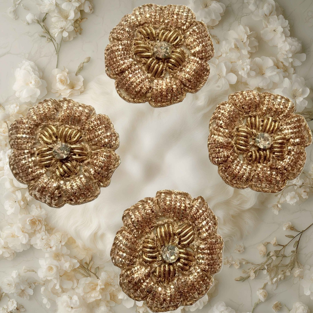 "Hand Embroidery Zardosi Flower Applique Patch | Rose Gold Naqsi, Antique Gold Dapka & Jarkan Stone | 3.5x3.5cm"