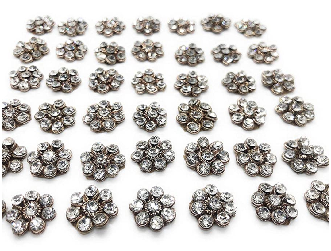 "Hand Embroidered Zardosi Applique Patch – 15x15mm | Antique Gold Dapka & Clear Jarkan Stone"