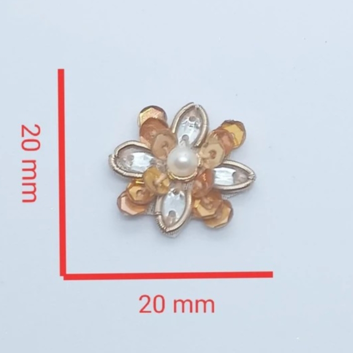 Hand Embroidered Zardozi Appliqué Patch – 20x20mm | White Kisti stone, Off-White Beads, Deep Gold Sequins