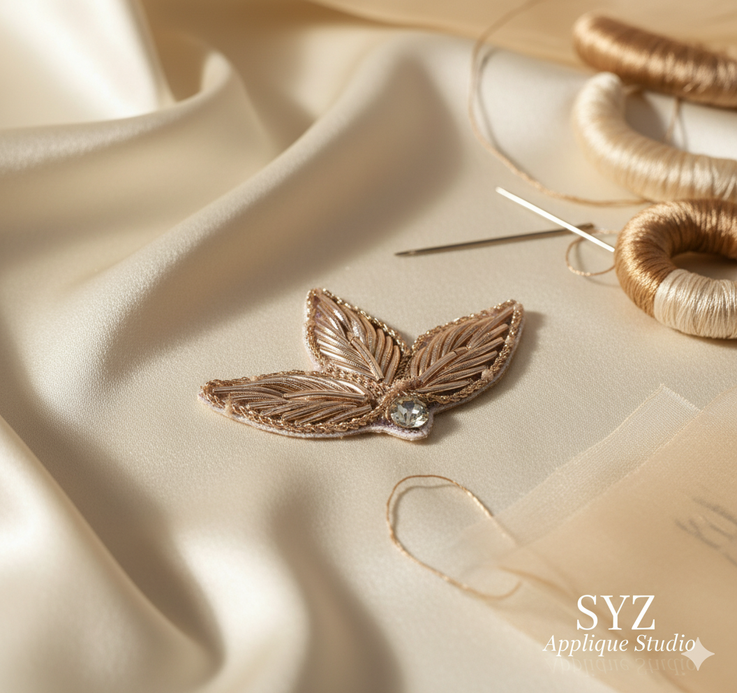 3 leaves Rose gold color with jarkan stone hand embroidery zardozi work 