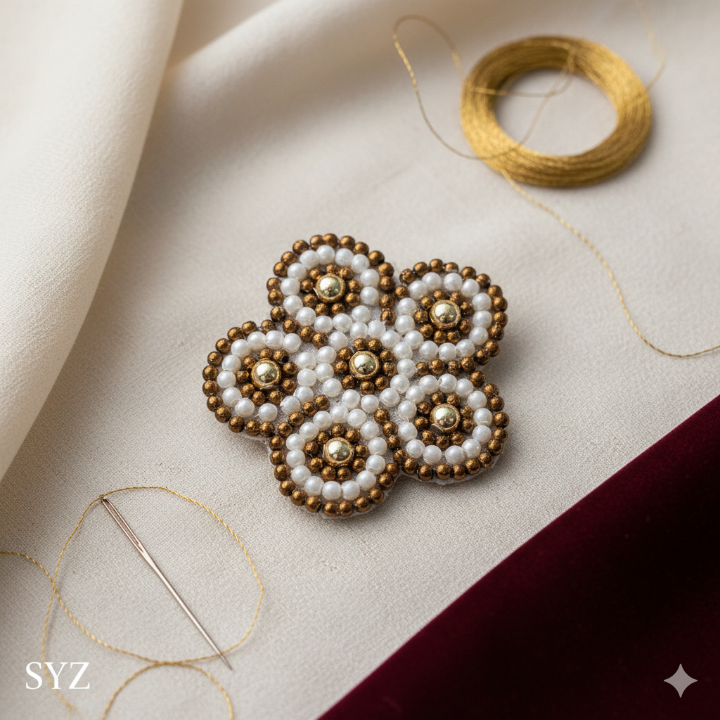Hand Embroidery Zardosi Applique Patch 5 CM – Pearl & Golden Brown White Bead Floral Motif, Aari Work Sewing Patch for Blouse, Lehenga, Saree, Dress Decoration