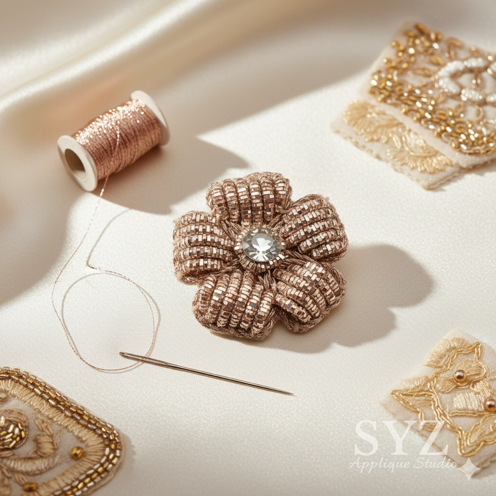 Rose gold color 2CM zardosi flower applique patch hand embroidery work for dress designing lehenga dupatta saree jewelry making neck sew art craft 