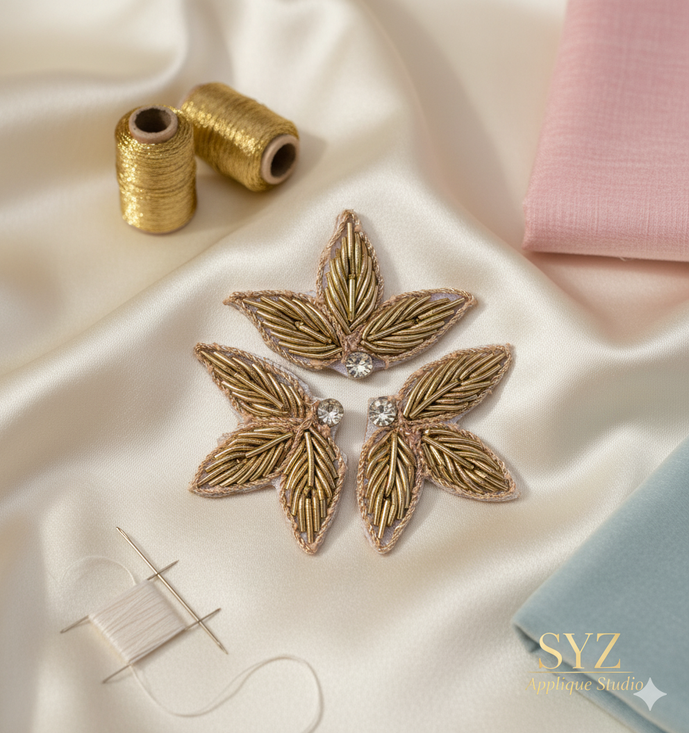 3 leaves antique gold color with jarkan stone hand embroidery zardozi work 