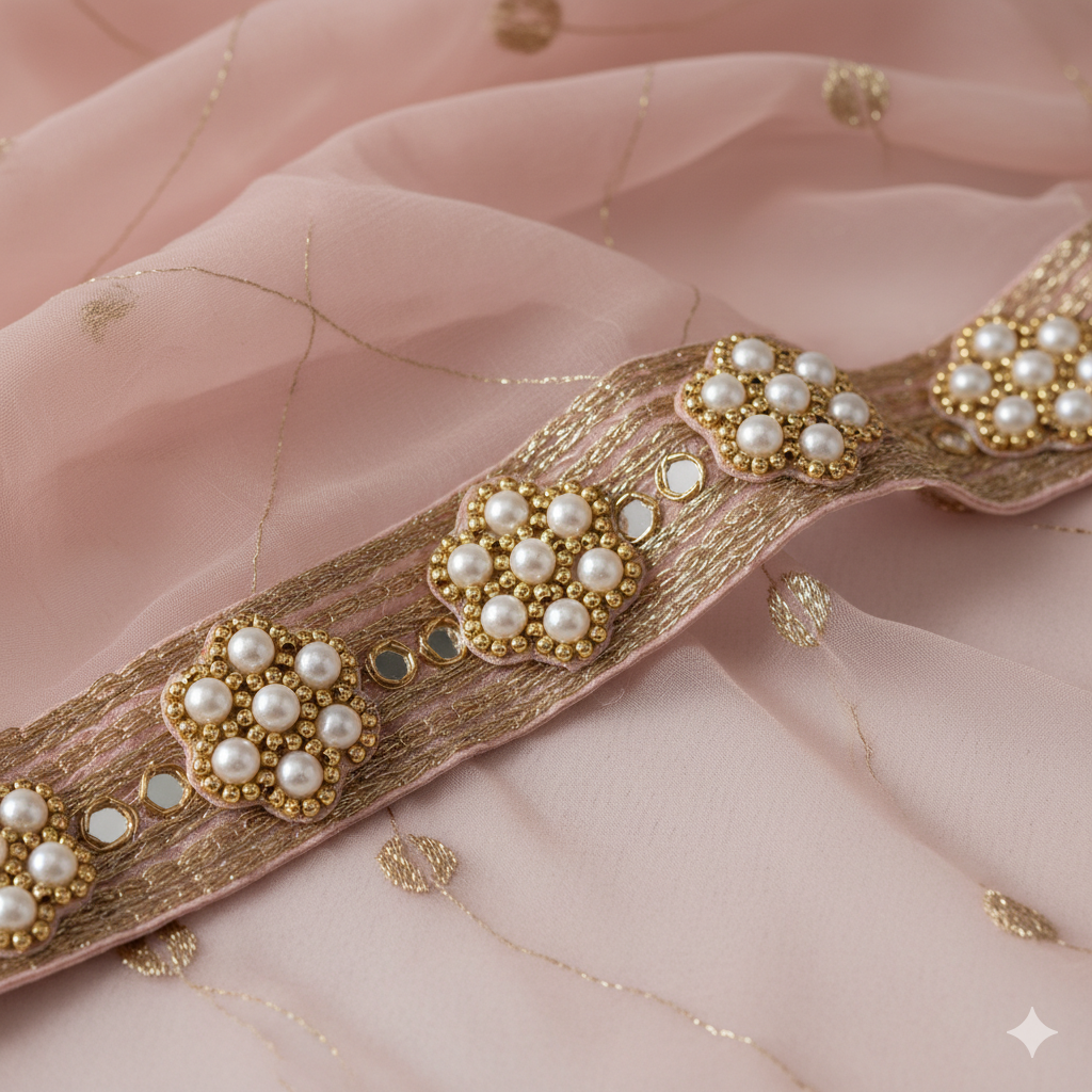 Hand Embroidered Applique Patch Flower Motif | Aari Work Beaded Pearl Patch | 3 cm Round Floral Design | Golden Beads & White Pearl Work | Sewing Craft Patch for Lehenga, Blouse, Suit, Saree, Dress, DIY Fashion Accessories