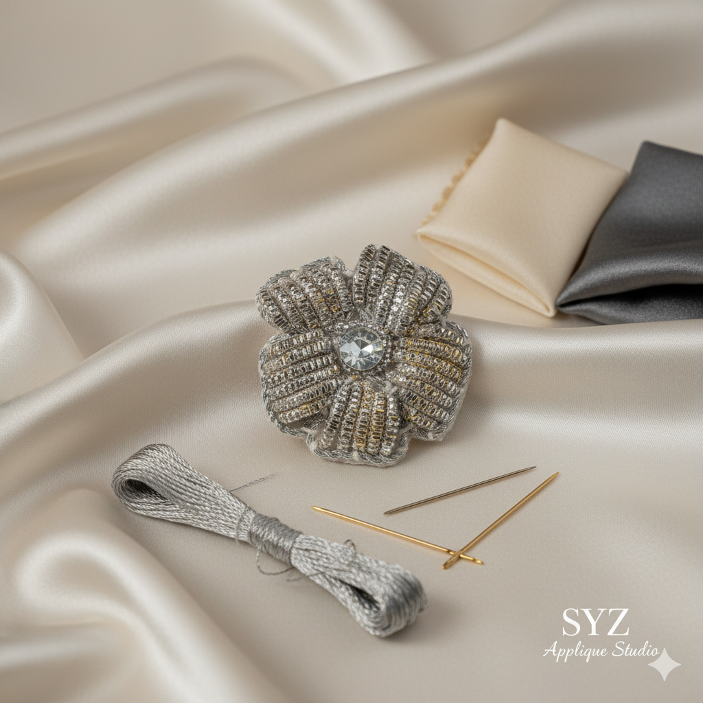 Silver color 2CM zardosi flower applique patch hand embroidery work for dress designing lehenga dupatta saree jewelry making neck sew art craft 