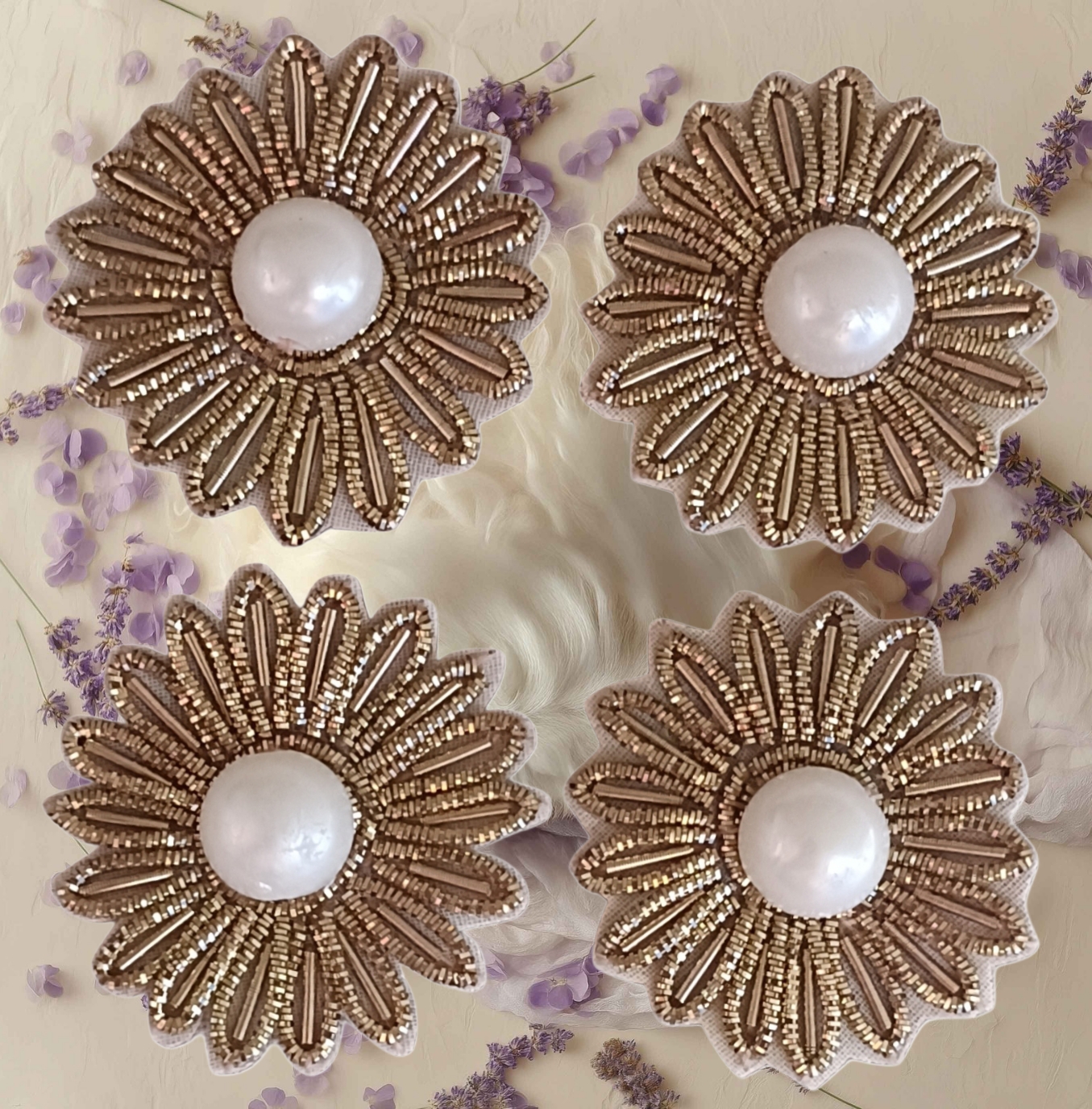 Hand Embroidered Zardozi Flower applique Patch – Antique Gold,(3.5x3.5 CM) 