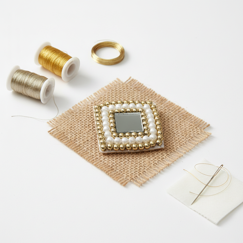 Square Mirror Zardozi Aari Hand Embroidery Applique Patch 2.5cm | Gold White Beads Work | Bridal Lehenga Blouse Saree Sewing  Rakhi Jwelry Making Art Craft