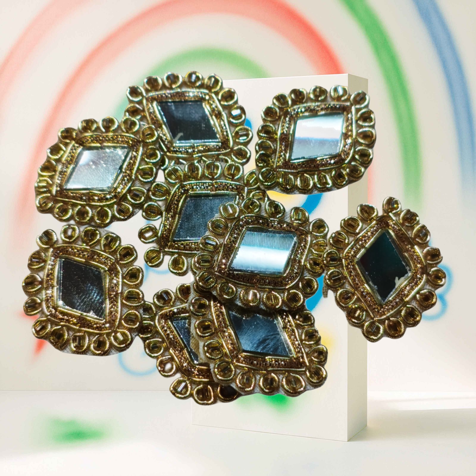 Hand Embroidery Zardozi Applique Patch | Size 28x25 mm | Diamond Shape Mirror, Golden Nakshi, Mango Gold Dapka & Golden Glass Beads | Decorative Sewing Craft Supply