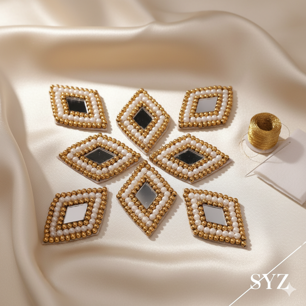 Aari Zardozi Hand Embroidered Applique Patch Motif Booti Buti for Neck Sew, Jewelry Making, Rakhi & Craft Work with Golden & Off-White Beads & Glass Mirror | Saree Blouse Lehenga Dupatta Dress Decoration | Size 4x3 cm