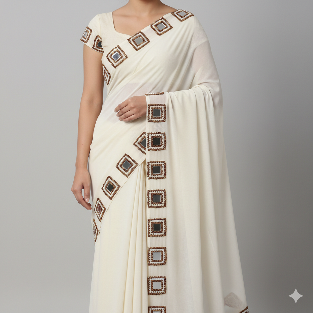 Square Mirror Zardozi Aari Hand Embroidery Applique Patch 2.5cm | Brown & White Beads Work for Bridal Lehenga Blouse Saree Dupatta sew DIY Rakkhi Jwelry Making Dress Designing art Craft