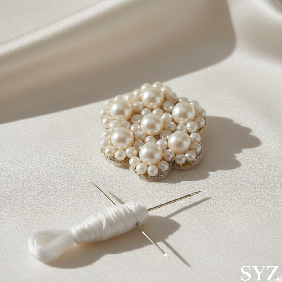 Hand Embroidered Applique Patch Flower Motif | Aari Work Beaded Patch | White on White Pearl Beads Design | 3 cm Round Floral Applique | Sewing & Fabric Glue Patch for Lehenga, Blouse, Suit, Saree, DIY Craft