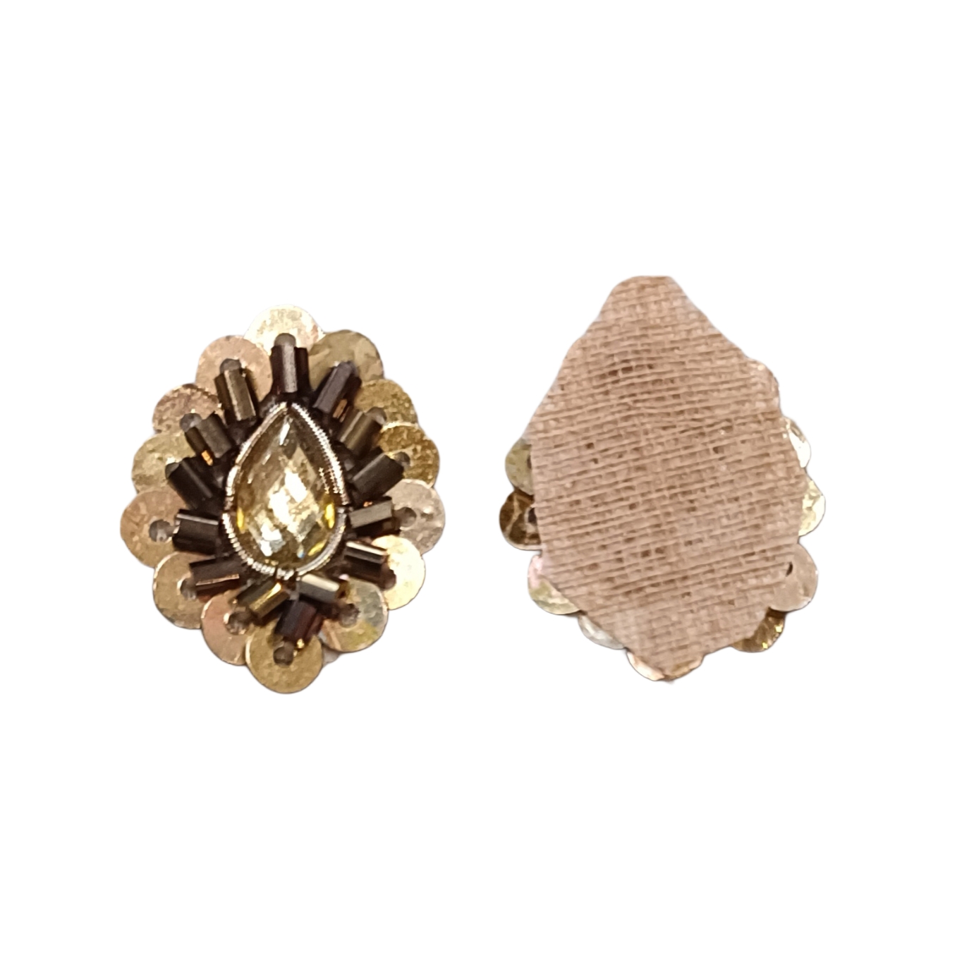 Handmade Applique Patch | Hand Embroidery Zardozi Work | Betel Shape 2x1.6 cm | Golden Dapka, Golden Sequin & Copper Cut Glass Beads