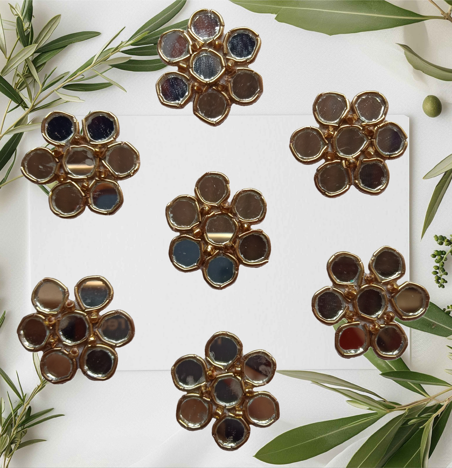 antique golden color dabka mirror work hand embroidery flower applique patches 