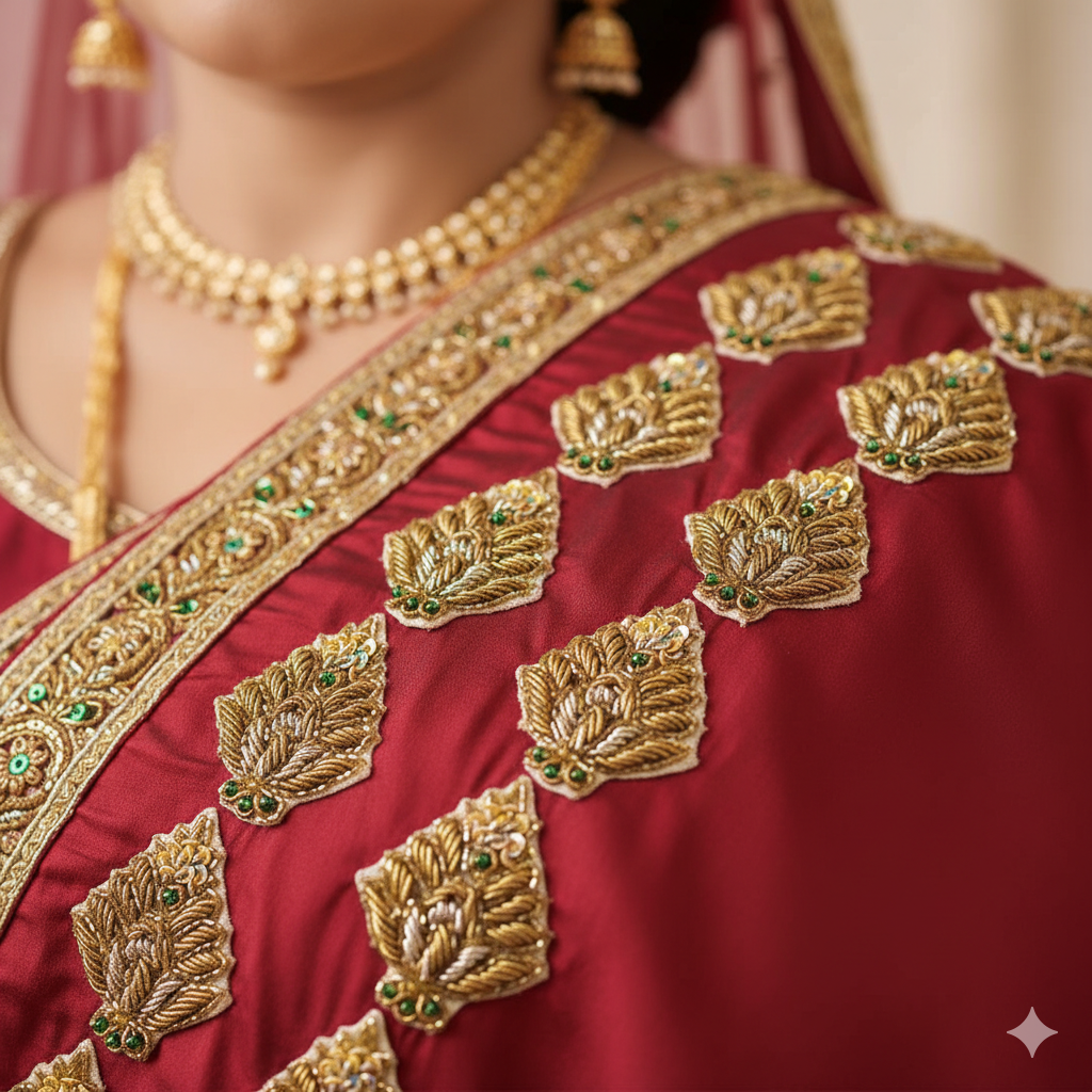 Hand Embroidery Aari Zardosi Applique Patch with Golden Glass Cut Beads, Antique Gold & Silver Dabka, Crystal Sequence Floral Motif for Blouse, Lehenga, Saree & Dupatta