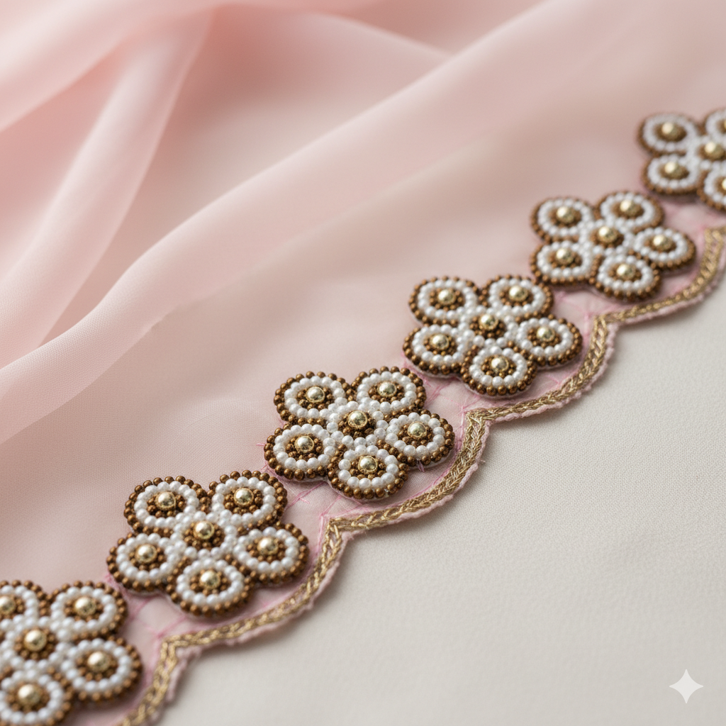 Hand Embroidery Zardosi Applique Patch 5 CM – Pearl & Golden Brown White Bead Floral Motif, Aari Work Sewing Patch for Blouse, Lehenga, Saree, Dress Decoration