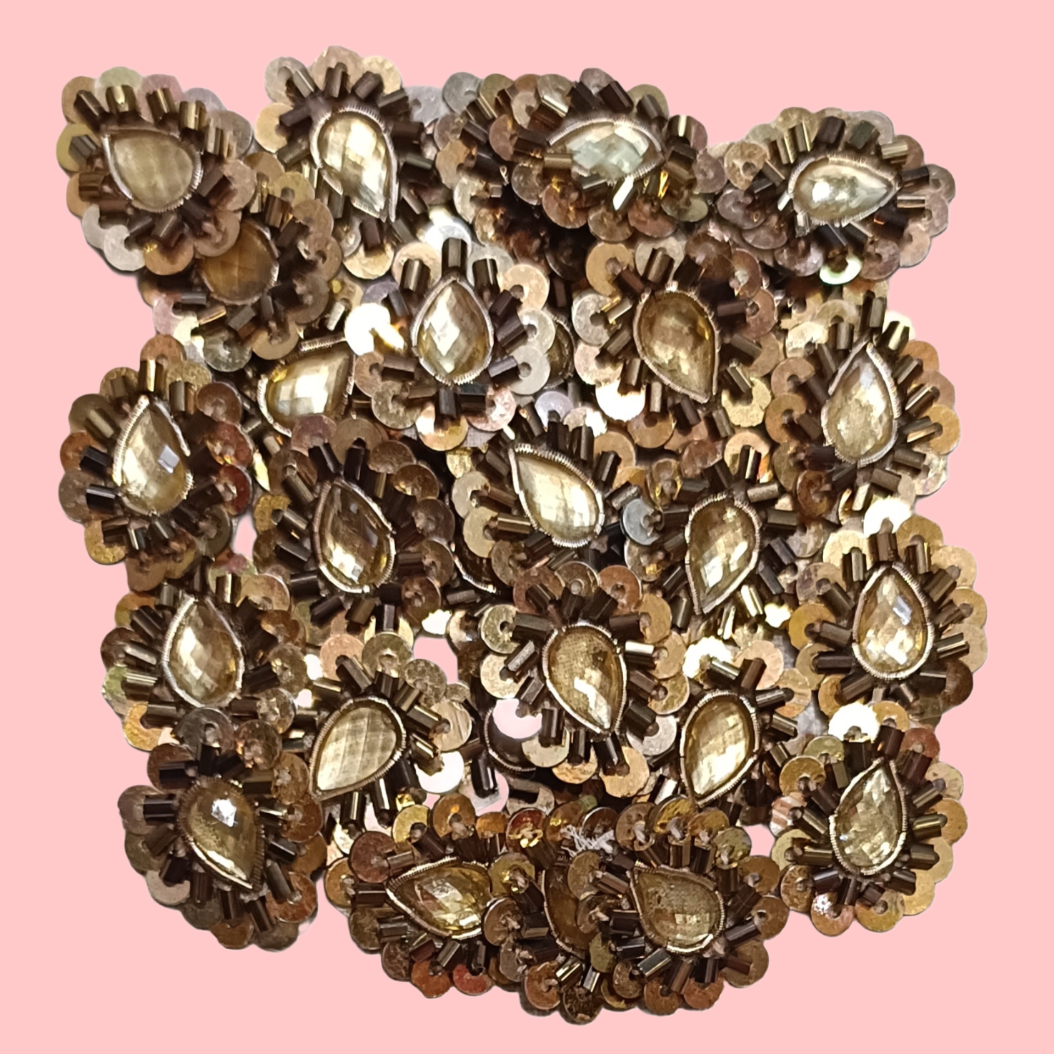 Handmade Applique Patch | Hand Embroidery Zardozi Work | Betel Shape 2x1.6 cm | Golden Dapka, Golden Sequin & Copper Cut Glass Beads